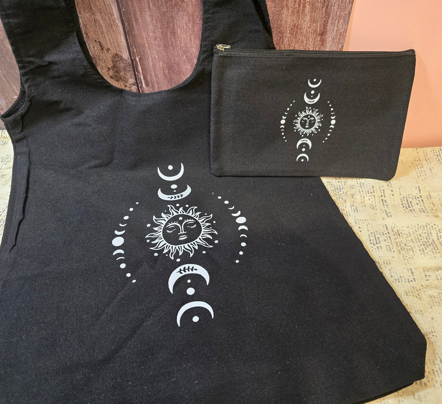 Black Canvas Tote + Makeup Bag - Celestial White