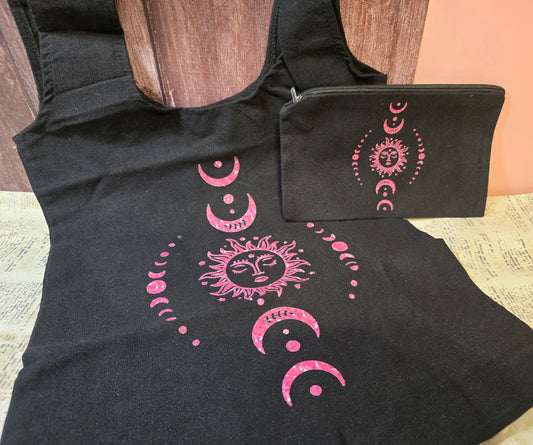 Black Canvas Tote + Makeup Bag - Celestial Pink