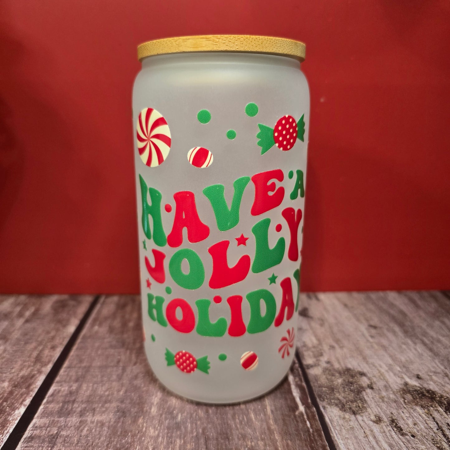 Christmas 16 oz Frosted Glass Cup - Red & Green