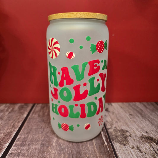 Christmas 16 oz Frosted Glass Cup - Red & Green